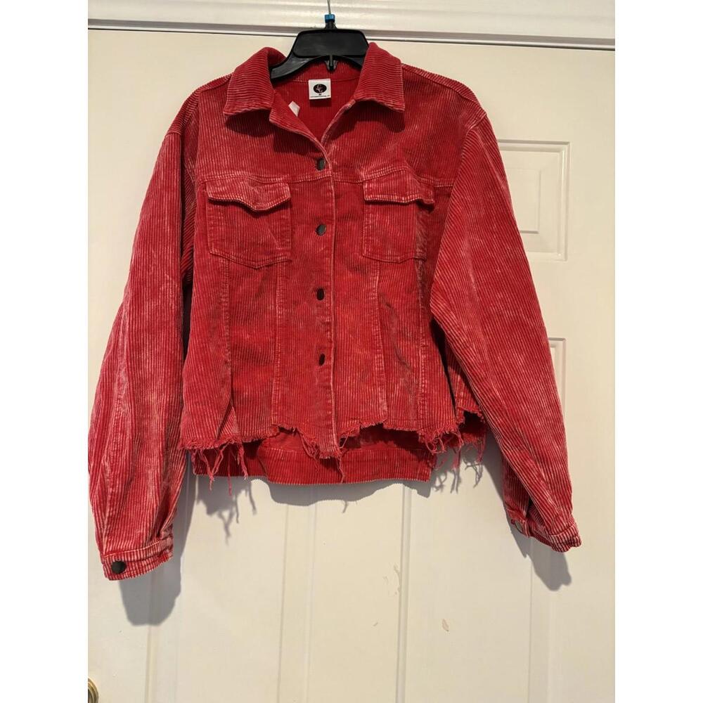 Women's sz M Cousin Couture red corduroy acid washed distressed jacket #1254